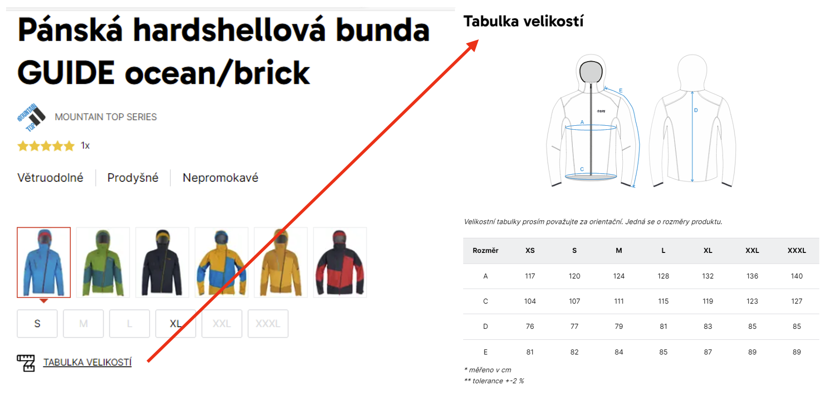 Kde jsou tabulky velikostí produktu - obrázek